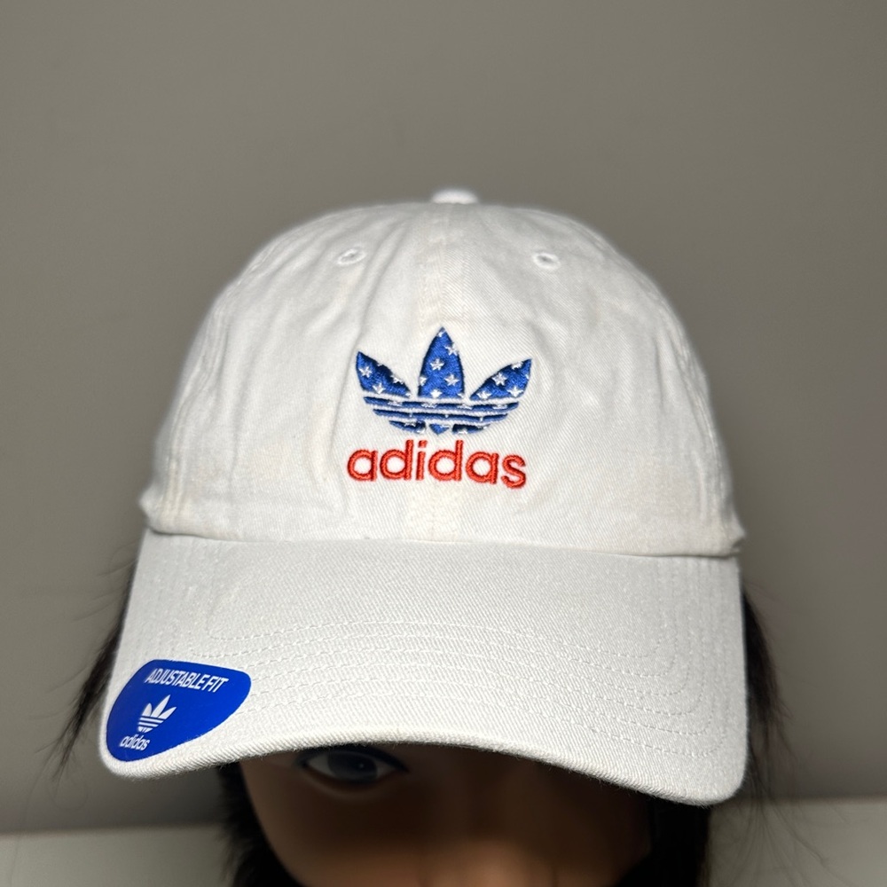 Adidas new patriotic White Cap with Blue Trifoil and Red Lettering